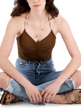Just Polly Womans Sz Medium Brown Beaded Ribbed Thong Bodysuit Top Retro New